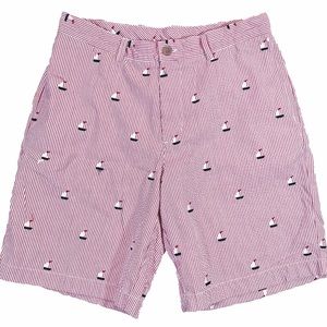 Classic Preppy Red Seersucker Men’s Shorts with embroidered sailboats